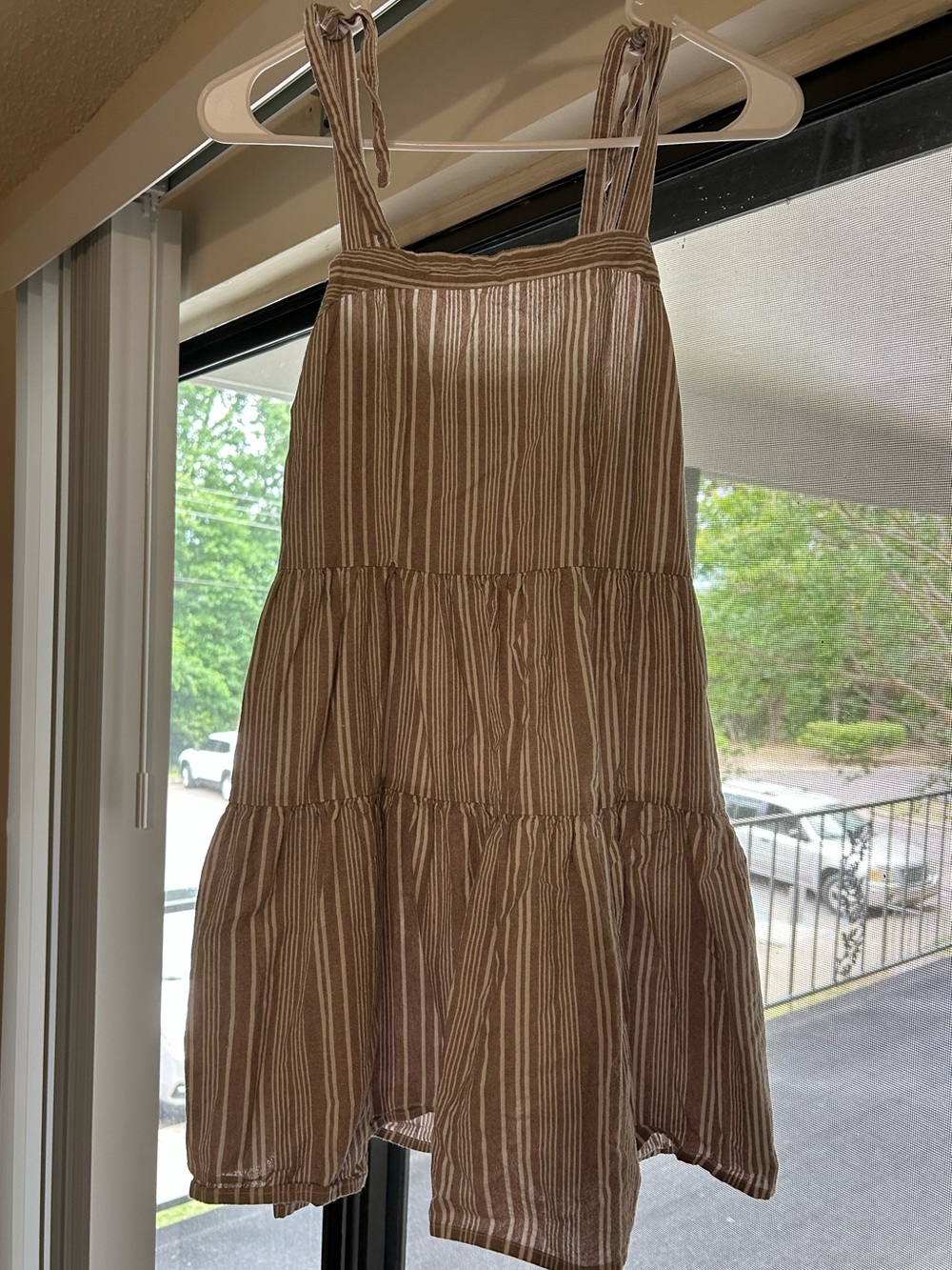 Sleeveless Tiered Stripe Dress in Taupe